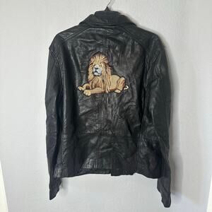 Gray Saks Fifth Avenue Leather Jacket with Lion Stitch